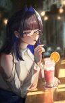  1girl artist_logo artist_name bangs bare_shoulders black_hair blue_hair blunt_bangs colored_inner_hair denim detached_sleeves drink drinking drinking_straw food fruit glasses hair_intakes high-waist_pants highres hime_cut hololive hololive_english indoors jeans koromay_ho long_hair long_sleeves multicolored_hair official_alternate_costume official_alternate_hair_length official_alternate_hairstyle orange_(fruit) orange_slice ouro_kronii pants parted_lips semi-rimless_eyewear shirt sidelocks sitting solo sweater turtleneck turtleneck_sweater twitter_username two-tone_hair virtual_youtuber watermark white_shirt 
