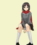  1girl b_(bgoldmole) bangs between_legs between_thighs black_eyes black_footwear black_hair black_skirt closed_mouth enpera fringe_trim full_body grey_shirt hair_between_eyes hand_between_legs kagerou_project loafers long_hair long_sleeves looking_to_the_side mekakucity_actors negative_space own_hands_together red_scarf scarf shirt shoes simple_background skirt smile socks solo tateyama_ayano v_arms white_socks 