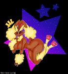 abstract_background absurd_res anthro big_breasts big_butt black_eyes breasts brown_body butt facial_tuft female fluffy fluffy_ears fur generation_4_pokemon gradient_background happy hi_res long_ears looking_at_viewer lopunny neck_tuft nintendo noticing pawpads paws pokemon pokemon_(species) pose red_eyes saturated saturated_colors simple_background solo star tuft yanisp5 yellow_body yellow_fur