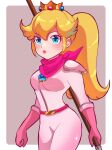  1girl armor artist_name axe belt blonde_hair blue_eyes blush bodysuit crown gloves grey_background highres lips long_hair long_sleeves looking_at_another mario_(series) nonoworks pink_gloves pink_scarf ponytail princess_peach scarf simple_background solo the_super_mario_bros._movie twitter_username weapon white_background 
