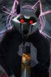  2023 anthro black_cloak canid canine canis cloak clothing death_(puss_in_boots) domestic_cat dreamworks duo felid feline felis first_person_view fur green_eyes grey_body grey_fur grin hi_res holding_object kevinlaros looking_at_viewer male mammal melee_weapon multicolored_body multicolored_fur orange_body orange_fur puss_in_boots_(dreamworks) puss_in_boots_(film) puss_in_boots_the_last_wish red_eyes reflection smile two_tone_body two_tone_fur weapon wolf 