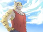  2018 anthro blue_bottomwear blue_clothing blue_eyes bottomwear brown_stripes chest_tuft clothing colored countershade_arms countershade_face countershade_torso countershading felid fur hands_on_hips male mammal morenatsu muscular muscular_anthro muscular_male neku-neku overcast pantherine pink_nose red_clothing red_shirt red_tank_top red_topwear shirt sky smile solo stripes tan_body tan_countershading tan_fur tank_top tiger topwear torahiko_(morenatsu) tuft visual_novel yellow_body yellow_fur 