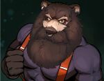 2023 4_fingers abs anthro barazoku bear beard biceps big_beard big_biceps big_mustache big_pecs broken_tooth brown_arms brown_beard brown_body brown_ears brown_facial_hair brown_fingers brown_fur brown_hands brown_mustache brown_nose bust_portrait clothing countershade_face countershading daddyfication dark_beard dark_facial_hair dark_mustache digital_drawing_(artwork) digital_media_(artwork) ear_piercing eyebrows facial_hair facial_piercing facial_scar fangs fingers fur hi_res holding_suspenders humanoid_hands looking_at_viewer male mammal manly monotone_beard monotone_facial_hair monotone_mustache mouth_covered muscular muscular_anthro muscular_arms muscular_male mustache nose_piercing orange_eyes pecs piercing pokenerd8 portrait scar septum_piercing sharp_teeth shirt snaggle_tooth solo suspenders tan_eyebrows tan_face tan_inner_ear teeth thick_arms topwear