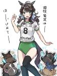  1girl 4others animal_ears aqua_eyes black_hair black_thighhighs blush buruma clothes_writing commentary contrail_(racehorse) daring_tact_(umamusume) feet_out_of_frame green_buruma gym_uniform highres holding_penlight horse_ears horse_girl horse_tail lei_papale_(racehorse) long_hair mtks119529 multiple_others original_race_uniform_(umamusume) race_bib real_life resistencia_(racehorse) shirt stuffed_horse t-shirt tail thighhighs tongue tongue_out translation_request umamusume umapyoi_densetsu wavy_hair white_background white_shirt win_marilyn_(racehorse) 