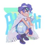  1boy bakori514_(h_akka) bare_arms bishounen black-framed_eyewear black_footwear blue_background blue_gloves blue_hair blue_tank_top boots cape closed_mouth expressionless eyewear_on_head finger_to_own_chin fingerless_gloves fingernails fringe-trimmed_cape fringe_trim from_side full_body gloves green-tinted_eyewear green_background grey_cape hair_between_eyes halftone hand_up highres hood hooded_cape looking_ahead male_focus multicolored_background nautilus_(splatoon) octoling_boy octoling_player_character outstretched_arm plantar_flexion profile sharp_fingernails short_hair single_glove solo splatoon_(series) squatting tank_top tinted_eyewear triangle_eyewear very_short_hair weapon weapon_on_lap white_background white_eyes 
