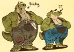 2023 alligator alligatorid anthro belly clothing crocodilian duo green_body hat headgear headwear hi_res humanoid_hands male overalls overweight overweight_male reptile scalie simple_background trashtoonz 