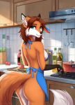  2022 anthro appliance apron apron_only biped blue_eyes breasts brown_hair butt canid canine clothing cooking_pot countershade_face countershade_fur countershade_torso countershading digital_media_(artwork) eyelashes female fox fur hair inside kitchen kitchen_cabinet kitchen_counter knife long_hair looking_at_viewer looking_back looking_back_at_viewer mammal millkydad mostly_nude orange_body orange_fur post-it_note rear_view samantha_(syronck01) shaded solo standing stove text url white_body white_fur 