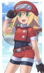  1girl 2022 arm_up bangs black_bodysuit black_gloves blonde_hair blue_sky bodysuit bodysuit_under_clothes cabbie_hat cloud commentary_request day gloves green_eyes hair_between_eyes hand_on_headwear hat highres m.m mega_man_(series) mega_man_legends red_headwear red_shorts roll_caskett_(mega_man) short_shorts shorts signature sky solo 