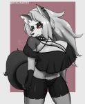  2021 anthro big_breasts black_nose breasts canid canid_demon clothed clothing collar demon ear_piercing female fur grey_hair hair hellhound helluva_boss hi_res huge_breasts kingjnar looking_at_viewer loona_(helluva_boss) mammal navel notched_ear piercing red_sclera solo spiked_collar spikes white_body white_eyes white_fur 