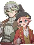  2boys :d apo_518 bangs belt belt_buckle black_headwear blue_eyes brothers buckle cecil_(rune_factory) closed_mouth hair_between_eyes hammer hat highres holding holding_hammer holding_magnifying_glass jacket light_green_hair looking_at_viewer magnifying_glass martin_(rune_factory) multiple_boys open_clothes open_jacket open_mouth over_shoulder pink_hair red_jacket rune_factory rune_factory_5 shirt short_hair siblings simple_background smile turtleneck vest white_background white_shirt yellow_eyes yellow_vest 