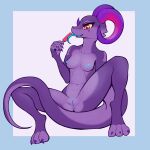  1:1 3_toes absurd_res anthro blue_nipples blue_tongue breasts claws curved_horn feet genitals hi_res horn kobold licking_popsicle nipples nude purple_body purple_claws purple_scales pussy red_eyes reptile scales scalie simple_background sitting toes tongue tongue_out xzorgothoth 