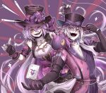  1boy 1girl black_gloves blue_eyes blue_hair card coat creature creature_on_shoulder diamond_choker english_commentary floral_print gavis_bettel gavis_bettel_(1st_costume) gloves grey_hair hair_between_eyes hands_up hat heterochromia highres holostars holostars_english idol_corp jewelry joker_(playing_card) lily_print long_hair looking_at_viewer medium_hair multicolored_coat multicolored_hair on_shoulder open_mouth orange_eyes pale_skin phantom_(gavis_bettel) pink_eyes pink_hair playing_card purple_eyes rainycoffeebean riki_poppet scarf sharp_teeth sleeveless striped_coat teeth top_hat upper_body upper_teeth_only vertical-striped_coat very_long_hair virtual_youtuber white_scarf 