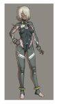  1girl 621_(armored_core_6) absurdres armored_core armored_core_6 blush bodysuit breasts character_name closed_mouth commentary_request covered_navel dark-skinned_female dark_skin ebonyxh english_commentary eyes_visible_through_hair freckles full_body grey_background hair_over_one_eye highres looking_at_viewer mecha_pilot_suit messy_hair pilot_suit pointy_breasts ringed_eyes short_hair simple_background skin_tight small_breasts solaria_(ebonyxh) standing sweat white_background white_hair yellow_eyes 