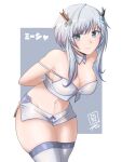  1girl 2020 aqua_eyes arms_behind_back artist_logo bangs breasts darkstar31 detached_collar grey_hair hair_ornament highres large_breasts leaning_forward maou_gakuin_no_futekigousha micro_shorts misha_necron navel short_hair short_hair_with_long_locks shorts sidelocks signature skindentation smile solo stomach thick_thighs thighhighs thighs white_thighhighs 