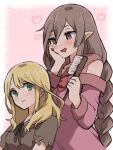  2girls :d alice_(rune_factory) apo_518 bangs blonde_hair blush braid brown_hair brown_ribbon closed_mouth green_eyes hair_brush hand_on_own_cheek hand_on_own_face heart heart-shaped_pupils highres holding holding_brush long_hair looking_at_another ludmila_(rune_factory) multiple_girls pointy_ears puffy_short_sleeves puffy_sleeves purple_eyes ribbon rune_factory rune_factory_5 short_sleeves smile symbol-shaped_pupils 