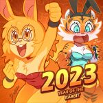  1:1 2023 4_fingers anthro aura_(drawligator) big_hands black_pawpads black_stripes blue_clothing blue_eyes blue_leotard blush blush_lines blushing_profusely breasts buckteeth bunny_costume carol_(drawligator) celebration chest_tuft chinese_zodiac choker cleavage clothed clothing comic_sans confusion costume dialogue drawligator duo embarrassed english_text excited eyelashes eyewear fake_ears fake_rabbit_ears felid female fingers fist flustered fur glasses hair happy hi_res jewelry lagomorph leotard leporid looking_down looking_down_at_self mammal navel_outline necklace open_mouth open_smile orange_body orange_eyes orange_fur orange_hair pantherine pawpads pink_nose rabbit raised_arm raised_fist red_clothing red_leotard scut_tail shocked_expression short_hair short_tail signature smile striped_body striped_fur stripes surprised_expression tail teeth text tiger tuft white_body white_fur wristband year_of_the_rabbit 