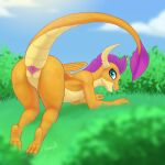  2019 all_fours anthro arareroll butt digital_drawing_(artwork) digital_media_(artwork) dragon eyelashes female friendship_is_magic full-length_portrait genitals hasbro hi_res horn looking_at_viewer looking_back looking_back_at_viewer my_little_pony on_grass open_mouth orange_body orange_scales outside portrait pussy scales scalie smolder_(mlp) solo spade_tail teal_eyes wings 