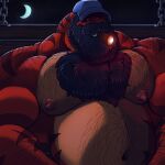 1:1 2021 absurd_res anthro arm_hair barazoku beard belly_hair biceps big_beard big_biceps big_nipples black_chest_hair blue_cap blue_clothing blue_hat blue_headgear blue_headwear blue_moon body_hair bust_portrait chain chest_hair chest_tuft cigar cigar_in_mouth clothed clothing countershade_torso countershading crescent_moon daddyfication dark_beard dark_facial_hair dark_mustache digital_drawing_(artwork) digital_media_(artwork) dinosaur erect_nipples facial_hair hairy hat headgear headwear hi_res male manly markings mature_anthro mature_male monotone_beard monotone_facial_hair monotone_mustache moon muscular muscular_anthro muscular_arms muscular_male mustache navel night nipples object_in_mouth obstructed_eyes on_swing pokenerd8 portrait prehistoric_species red_body red_face red_markings reptile scalie sitting_on_swing sky solo star starry_sky swing theropod thick_arms tiran topless topless_anthro topless_male tuft tyrannosaurid tyrannosauroid tyrannosaurus tyrannosaurus_rex