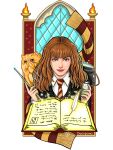  1girl absurdres animal artist_name bangs black_jacket book border bottle brown_eyes brown_hair brown_necktie brown_scarf cardigan cat cauldron chalice closed_mouth collared_shirt commentary deviantart_username english_commentary fire fringe_trim grey_cardigan harry_potter_(series) hermione_granger highres hogwarts_school_uniform holding holding_bottle holding_wand instagram_username jacket long_hair looking_at_viewer necktie orange_cat oyenpaws persian_cat picture_(object) quill red_lips scarf school_uniform shirt solo star_(symbol) star_print striped_necktie twitter_username two-tone_necktie two-tone_scarf wand white_border white_shirt window writing yellow_necktie yellow_scarf 