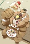  2023 anthro ashigara bear belly big_belly cake canid canine canis dessert detailed_background domestic_dog duo eyes_closed food hi_res hon55728 kemono lifewonders male male/male mammal one_eye_closed overweight overweight_male sitting tokyo_afterschool_summoners towel towel_around_neck yasuyori 