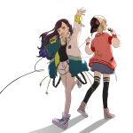  2girls azusawa_kohane black_hair blue_hair commentary_request full_body gradient_hair hair_down hair_ornament hairclip hand_up hat headphones headphones_around_neck highres holding holding_microphone jacket light_brown_hair long_hair long_sleeves microphone momomo_(m0_3) multicolored_hair multiple_girls open_clothes open_jacket open_mouth orange_eyes partial_commentary project_sekai shiraishi_an short_hair short_twintails shorts skirt teeth thighhighs twintails upper_teeth_only white_background 