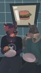  9:16 absurd_res anthro battycat burger canid canine canis coyote cross_earrings domestic_dog eating female food french_fry hi_res male male/female mammal restaurant scar 