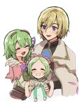  1boy 2girls :d ^_^ antennae apo_518 bangs blonde_hair bow bowtie capelet closed_eyes collarbone eyelashes family female_child hair_between_eyes hair_ribbon highres kohaku_(rune_factory) lest_(rune_factory) light_green_hair looking_at_another luna_(rune_factory) multiple_girls pink_capelet purple_bow purple_bowtie purple_eyes purple_ribbon ribbon rune_factory rune_factory_4 short_hair simple_background smile white_background 