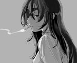  1girl ajo_cnsw black_hair chainsaw_man cigarette eyepatch grey_background greyscale himeno_(chainsaw_man) long_hair looking_to_the_side monochrome simple_background smoke smoking solo 