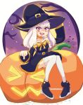  >_< 1girl absurdres alternate_costume bare_shoulders bat_(animal) belt black_belt black_dress boots bow dress fire_emblem fire_emblem:_three_houses frilled_skirt frills full_body halloween halloween_costume hat highres hoshinokotta jack-o'-lantern long_hair long_sleeves lysithea_von_ordelia moon night open_mouth pink_eyes pumpkin sitting skirt sky solo star_(sky) starry_sky teeth thighhighs twitter_username upper_teeth_only white_hair white_thighhighs witch witch_hat 