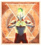  1boy absurdres alien border color_timer colored_skin commentary cowboy_shot cupping_hands english_commentary facing_viewer gem green_gemstone green_highlights highres klenda_v looking_down male_focus multicolored_background multicolored_skin no_pupils orange_background orange_border own_hands_together painting_(medium) red_skin serious silver_skin solo tokusatsu traditional_media ultra_series ultraman:_towards_the_future ultraman_great watercolor_(medium) yellow_eyes 