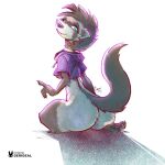 1:1 anthro blue_eyes bottomless breasts butt claws clothed clothing crop_top derideal domestic_ferret female fur hi_res hoodie hoodie_only kiaun looking_at_viewer looking_back mammal mask mix_(derideal) mustelid musteline partially_clothed pawpads pinup pose rear_view shadow shirt signature simple_background sitting solo topwear topwear_only true_musteline underboob_titfuck wearing_mask weasel white_background