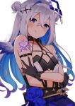  1girl :q amane_kanata angel_wings arm_belt arm_tattoo bandaged_arm bandages blue_hair blush collar colored_inner_hair fragir gloves grey_hair hair_between_eyes hair_bun highres hololive long_hair looking_at_viewer multicolored_hair purple_eyes simple_background solo strapless tattoo tongue tongue_out tube_top upper_body virtual_youtuber white_background wings 