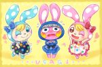 1boy 2girls adapted_costume alternate_costume animal_crossing animal_ears animal_nose arm_up bangs barefoot black_dress blonde_hair bloomers blue_bloomers blue_bow blue_bowtie blue_eyes blue_eyeshadow blue_fur blue_kimono blush blush_stickers body_fur border bow bowtie brown_eyes chrissy_(animal_crossing) closed_mouth collared_dress commentary_request crossdressing dress embarrassed eyeshadow flat_chest flying_sweatdrops food francine_(animal_crossing) frilled_bow frilled_dress frills fruit full_body hair_bow half-closed_eye hand_up hands_up happy heart highres hood hood_up japanese_clothes kimono leg_up long_sleeves looking_at_viewer makeup multiple_girls nose_blush one_eye_closed open_mouth outline peach pink_eyeshadow pink_fur rabbit_boy rabbit_ears rabbit_girl red_bow red_bowtie romaji_text sash shii_(no-va_could) short_hair short_kimono sleeveless sleeveless_dress smile snake_(animal_crossing) split_mouth standing standing_on_one_leg straight-on sweat swept_bangs translated underwear white_outline wide-eyed yellow_background yellow_border 