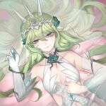  1girl alternate_color bangs bare_shoulders bed breasts claw_ring cleavage closed_mouth crown dress flower from_above gloves green_eyes green_flower green_hair green_rose hair_flower hair_ornament highres honkai_(series) honkai_impact_3rd hulai_de_gou_sheng long_hair looking_at_viewer lying mobius_(honkai_impact) rose single_glove single_sleeve slit_pupils smile solo white_dress white_sleeves 