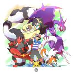  1boy ash_ketchum black_eyes black_hair blue_eyes blue_shirt claws colored_sclera crossed_arms full_body green_eyes incineroar lycanroc lycanroc_(dusk) male_focus melmetal naganadel pants pikachu pokemon pokemon_(anime) pokemon_(creature) pokemon_sm_(anime) rowlet sergiromero shirt smile standing two-tone_shirt white_shirt wings yellow_sclera 