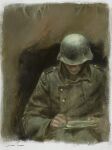  1boy absurdres closed_mouth cmxv coat combat_helmet facing_viewer german_commentary highres holding holding_paper long_sleeves male_focus military military_uniform original painting_(medium) paper realistic signature solo traditional_media uniform 