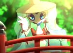  blue_eyes blurry closed_mouth clothed_pokemon colored_sclera commentary_request day froslass hand_up hat highres looking_at_viewer monaka_(hc_pkmn) no_humans outdoors pokemon pokemon_(creature) solo veil yellow_headwear yellow_sclera 