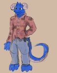  anthro blue_body blue_fur clothed clothing dragon flannel fully_clothed fur furred_dragon hybrid koblstone kobold male simple_background sinisterdragon solo tail 