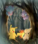  absurdres bare_tree brown_eyes closed_mouth colored_sclera commentary_request cyndaquil fire forest fuyu_(utngrtn) grass highres misdreavus nature no_humans open_mouth outdoors pikachu pokemon pokemon_(creature) red_eyes shuppet smile tree watermark yellow_sclera 