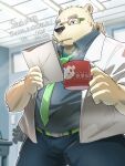  2023 absurd_res anthro bear bottomwear clothing detailed_background eyewear glasses hi_res inside kemono leib_(tas) lifewonders male mammal mug necktie nekodon_san overweight overweight_male pants polar_bear shirt smoking solo_focus tokyo_afterschool_summoners topwear ursine 