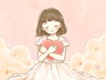  1girl bangs blush brown_hair closed_eyes closed_mouth cloud dot_nose dress facing_viewer heart light_smile object_hug original pink_background pink_dress pink_sky pink_theme short_hair short_sleeves solo star_(symbol) tokoyu white_dress 