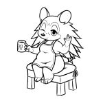  1:1 2022 3_fingers animal_crossing anthro apron apron_only beverage clothing eulipotyphlan female fingers guywiththepie hedgehog holding_beverage holding_object lidded_eyes line_art looking_at_viewer mammal monochrome mostly_nude nintendo one_eye_closed sable_able simple_background sitting slightly_chubby smile thick_thighs white_background 