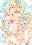  1girl at_classics blonde_hair breast_curtains breasts covered_nipples elf green_eyes large_breasts long_hair navel original pointy_ears revealing_clothes solo traditional_media very_long_hair 