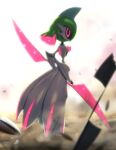  black_sclera blurry colored_sclera commentary_request double-blade full_body glowing highres holding holding_weapon iron_valiant monaka_(hc_pkmn) pink_eyes pokemon pokemon_(creature) solo standing watermark weapon 