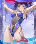  1girl alternate_costume aqua_eyes arms_up ass_visible_through_thighs bangs bare_arms bare_shoulders black_hair blunt_bangs blush cloud covered_navel covered_nipples genshin_impact gold_trim hat highleg highleg_leotard highres leotard long_hair looking_at_viewer midfinger mona_(genshin_impact) no_legwear octopus outdoors purple_leotard rain sidelocks sky solo strapless strapless_leotard thighs twintails very_long_hair wading water wet witch_hat 