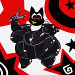  abstract_background anthro atlus belly beta_morgana_(persona) big_belly black_eyes bodily_fluids bodysuit clothing domestic_cat drooling eyelashes felid feline felis female gesture holding_object holding_weapon mammal megami_tensei megami_tensei_persona neckerchief obese obese_female overweight overweight_female pointing potbelly ranged_weapon rubber rubber_clothing rubber_suit saliva skinsuit slingshot solo spiral_eyes standing tight_clothing toothy_grin weapon whiteraff 