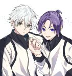  2boys bangs black_eyes blue_lock hair_between_eyes high_collar highres jacket long_sleeves looking_at_viewer male_focus mikage_reo multiple_boys nagi_seishirou open_mouth purple_eyes purple_hair short_ponytail smile snsk45656254 upper_body v-shaped_eyebrows white_background white_hair white_jacket 