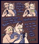 2024 5_fingers amused anthro blue_border blue_clothing blue_shirt blue_topwear blush border canid canine canis claws clothed clothing domestic_dog duo electronics embarrassed english_description english_text fangs father_(lore) father_and_child_(lore) father_and_son_(lore) fingers german_shepherd half-closed_eyes herding_dog holding_object holding_phone hug hybrid incest_(lore) licking licking_another licking_partner looking_at_another looking_at_partner looking_back looking_back_at_another looking_back_at_partner male male/male mammal merrill_(spudnikmutt) narrowed_eyes open_mouth parent_(lore) parent_and_child_(lore) parent_and_son_(lore) pastoral_dog phone rookie_(spudnikmutt) shirt son_(lore) spudnikmutt surprised_expression teeth text tongue tongue_out topless topless_male topwear wolf wolfdog yellow_sclera