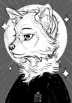  2019 abstract_background anthro azuza bust_portrait canid cheek_tuft clothed clothing dated facial_tuft female glistening glistening_eyes head_tuft hi_res inner_ear_fluff mammal monochrome mouth_closed narrowed_eyes neck_tuft portrait signature solo sparkles tuft 