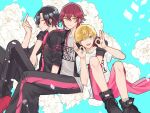  3boys black_hair blonde_hair blue_background dankira!!! double_ok_sign geta_(epicure_no12) green_eyes highres leaning_back leaning_on_person long_hair looking_at_viewer male_focus miki_nozomu multicolored_hair multiple_boys one_eye_closed open_mouth red_hair smile tsubaki_seito white_background yagami_soma 